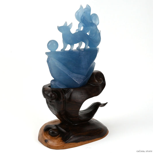 4.48'' Gemstone Aquamarine Nine Tail Fox Sculpture Crystal Healing Hand Carved Crystal Super Realistic