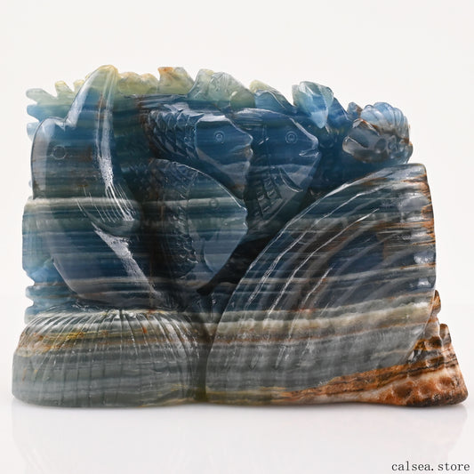 5.48'' Blue Onyx Marine Animals Sculpture Crystal Healing Hand Carved
