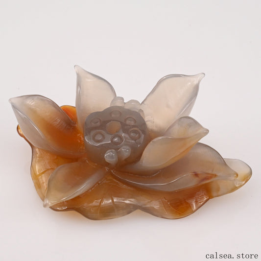 Agate Lotus Flower Sculpture Crystal Healing Hand Carved