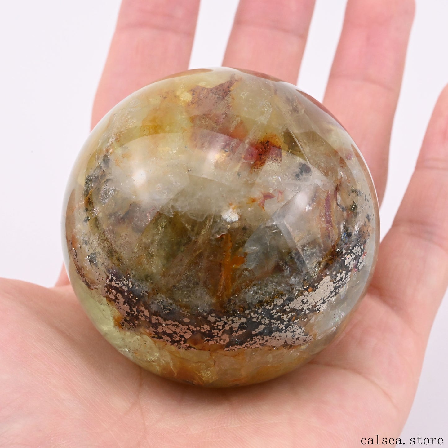 2.34'' Goldenhealer Fluorite Pyrite Sphere Crystal Healing Hand Carved Sphere/Ball