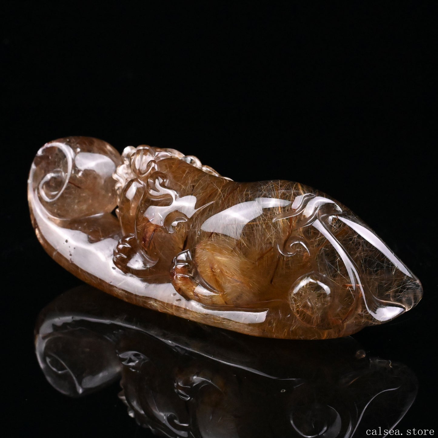 Golden Rutile,Rutilated PiXiu Sculpture Crystal Healing Hand Carved