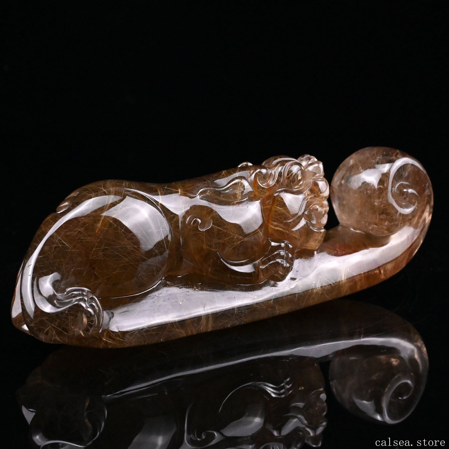 Golden Rutile,Rutilated PiXiu Sculpture Crystal Healing Hand Carved