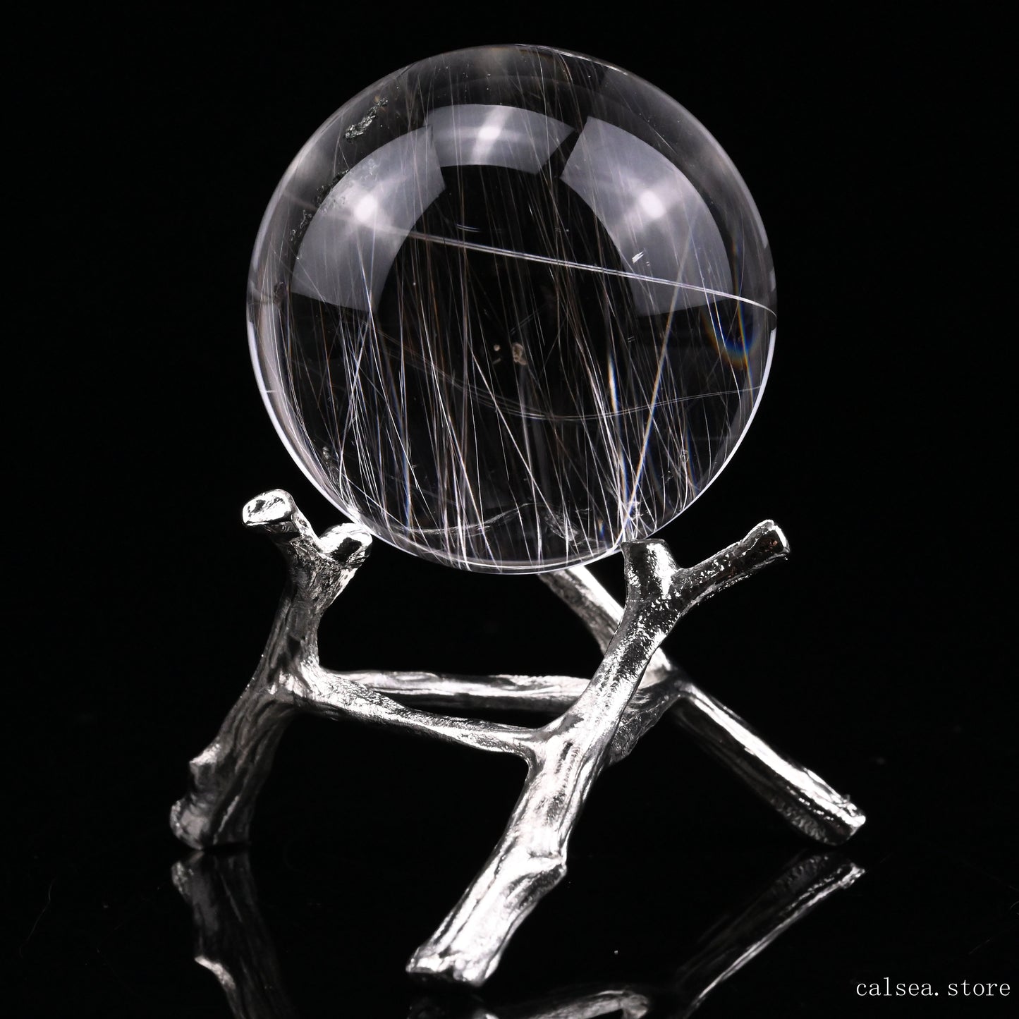 Silver Rutile, Rutilated Quartz Crystal Healing Hand Carved Sphere/Ball