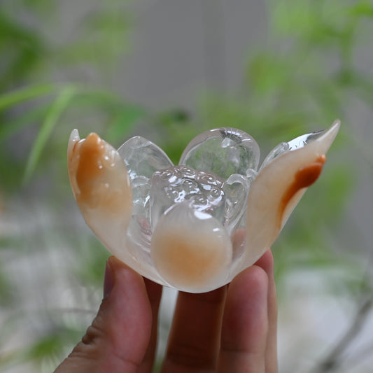 Rabbit Fur Golden Rutile,Rutilated Lotus Sculpture Crystal Healing Hand Carved
